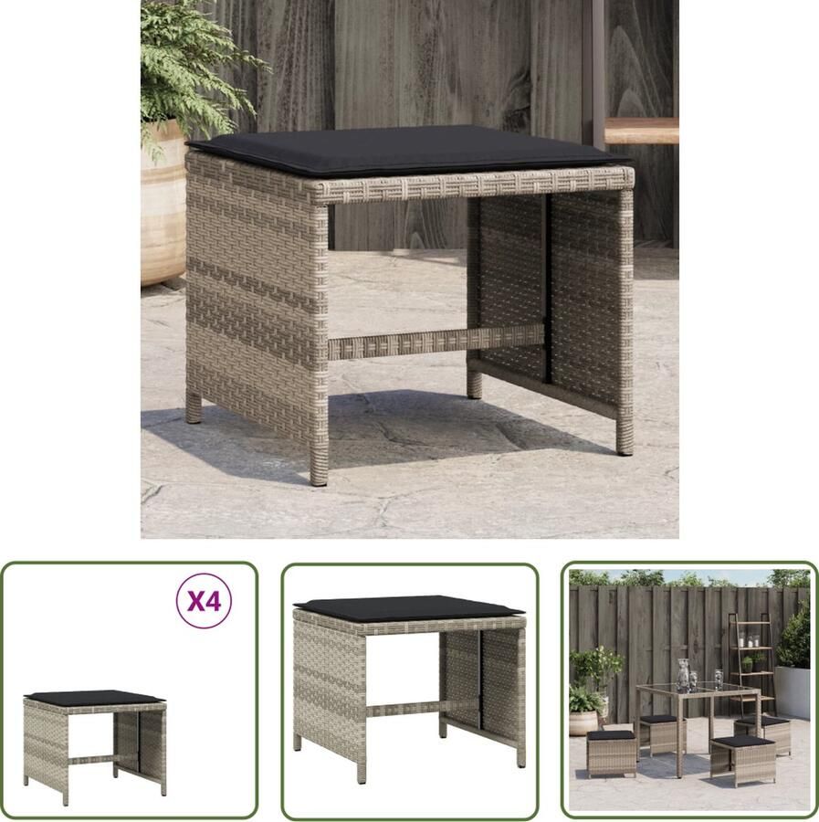 The Living Store Tuinkrukken Set PE-Rattan Lichtgrijs 40x40x35 cm Met Dik Gevoerde Kussens Tuinkrukken Tuinstoelen Buitendrankjes Lounge Stoelen Outdoor Furniture