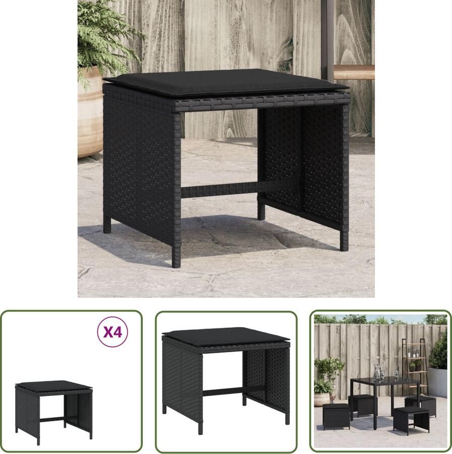 The Living Store Tuinkrukken 40 x 40 x 35 cm Met PE-rattan en Kussens Zwart Set van 4 Tuinkrukken Tuinstoelen Buitentijd Lounge Stoel Relaxstoel