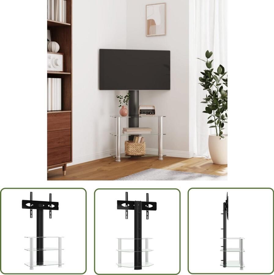 The Living Store Tv-standaard hoek 3-laags voor 32-70 inch zwart en zilverkleur Tv Standaard Tv Hoekstandaard Tv Meubel Media Kast Salontafel