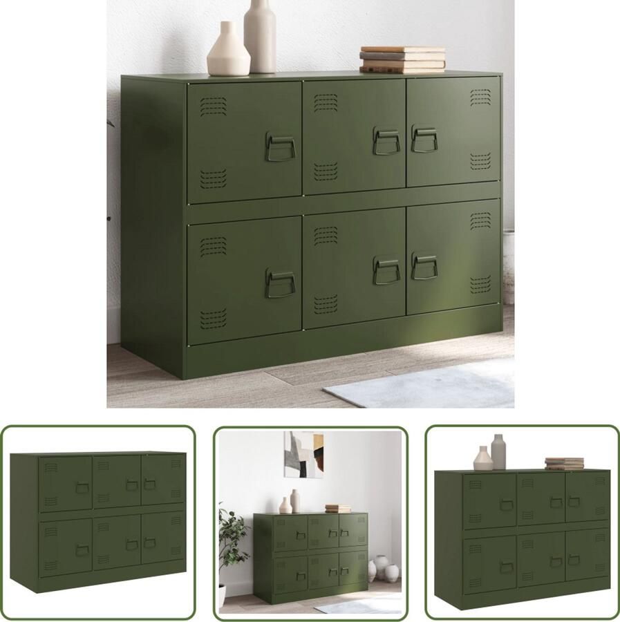 The Living Store Dressoir 99x39x73 cm staal olijfgroen Tv-meubel Tv-stand Dressoir Opbergkast Olijfgroene Kast