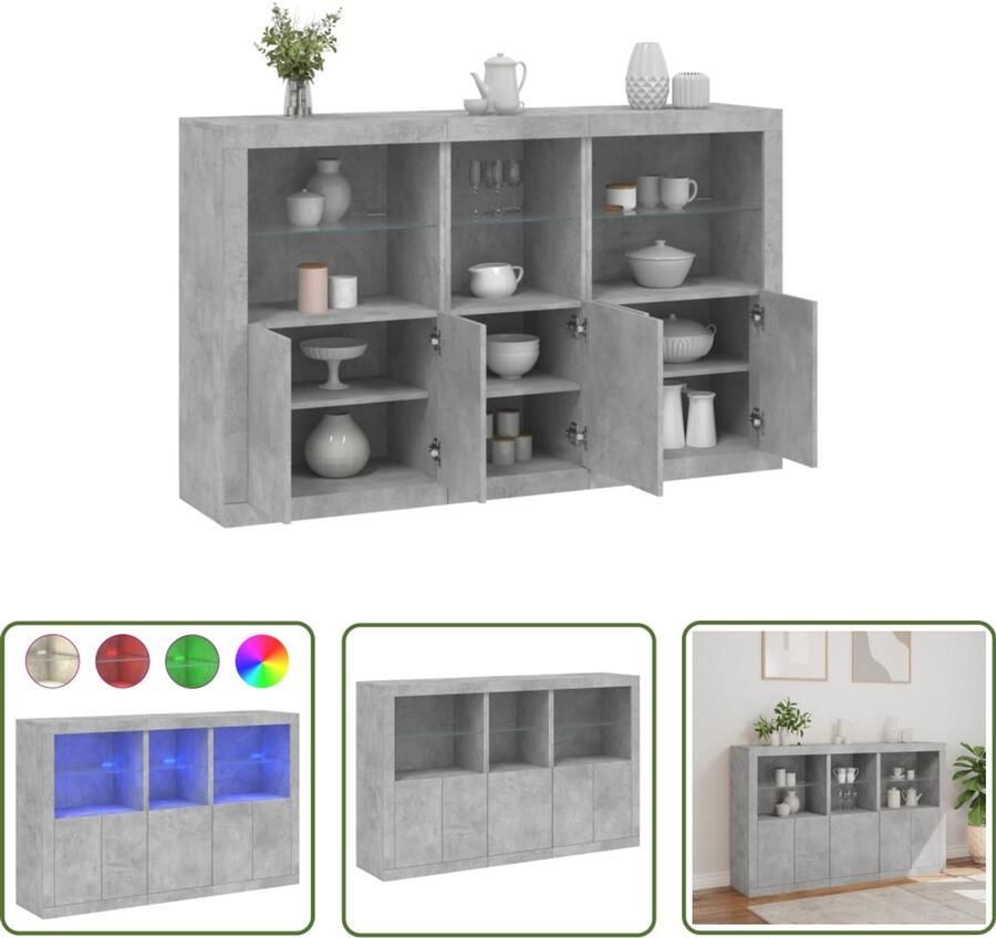 The Living Store Dressoir met LED-verlichting 162x37x100 cm betongrijs Dressoir Kast Led Verlichting Betongrijs Houten Dressoir