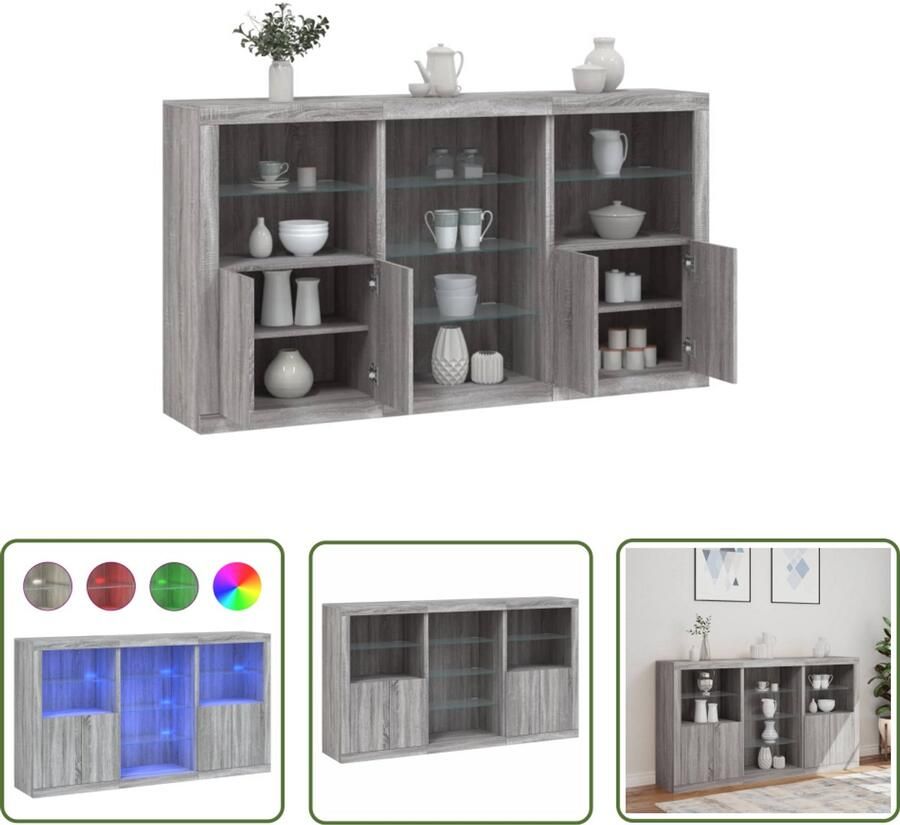 The Living Store Dressoir met LED-verlichting 181 5x37x100 cm grijs sonoma eiken Dressoir Led Verlichting Grijze Kast Salontafel Opbergkast