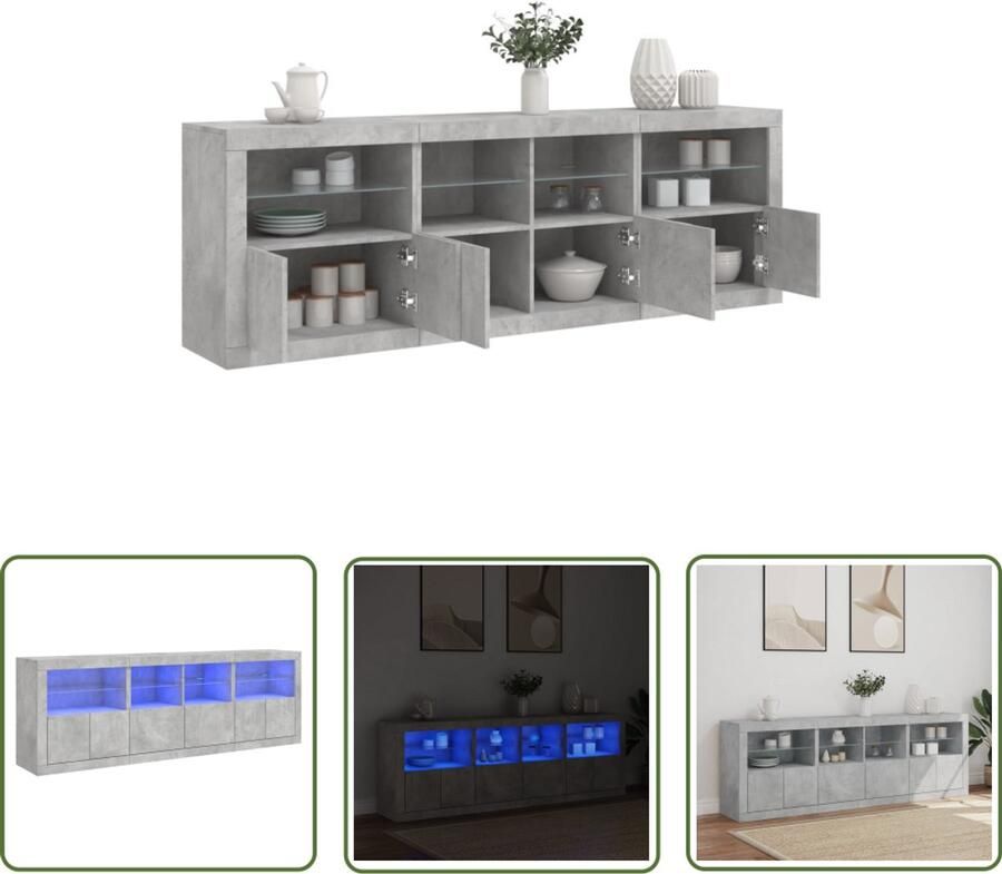 The Living Store Dressoir met LED-verlichting 202x37x67 cm betongrijs Dressoir Modern Design Led Verlichting Rgb Licht Opbergkast