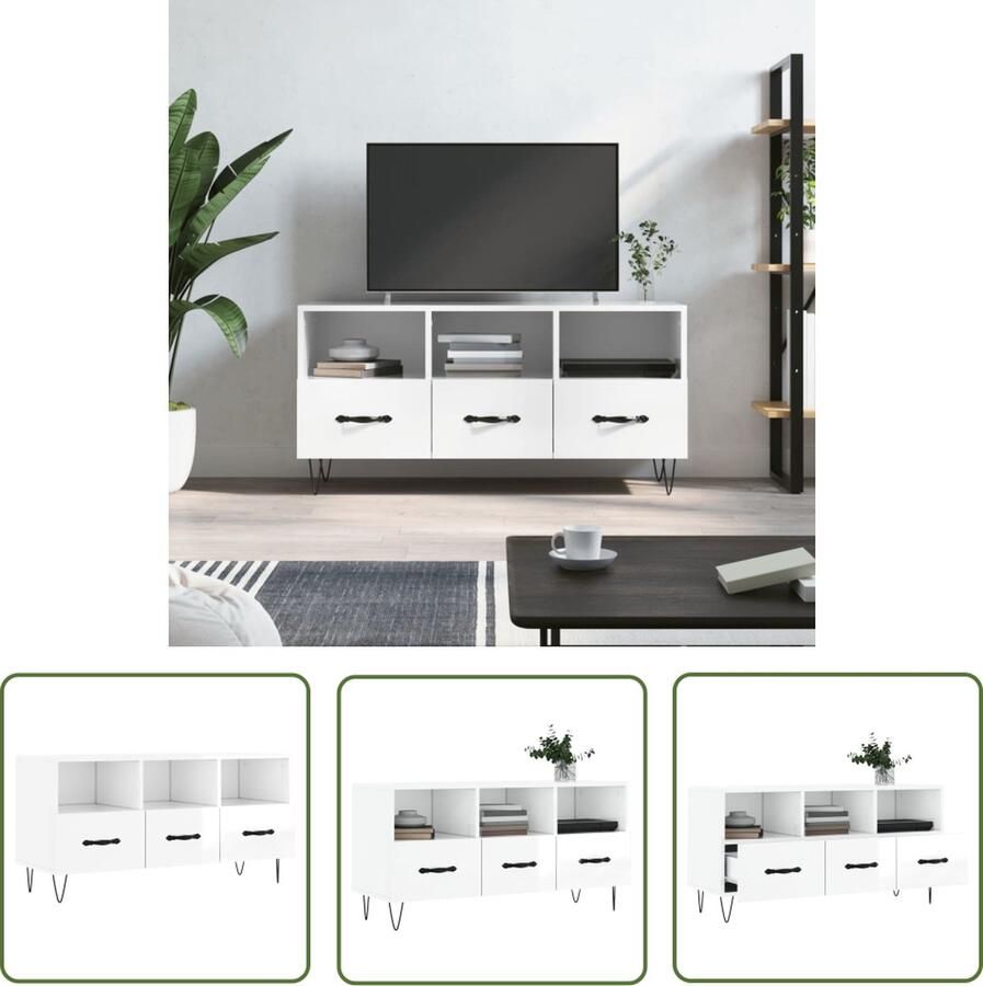 The Living Store Televisiekast Trendy Hoogglans wit 102 x 36 x 50 cm 3 vakken en 3 lades Bewerkt hout en ijzer Televisiekast Tv Kast Houten Tv Stand Witte Tv Kast Mediakast - Foto 2