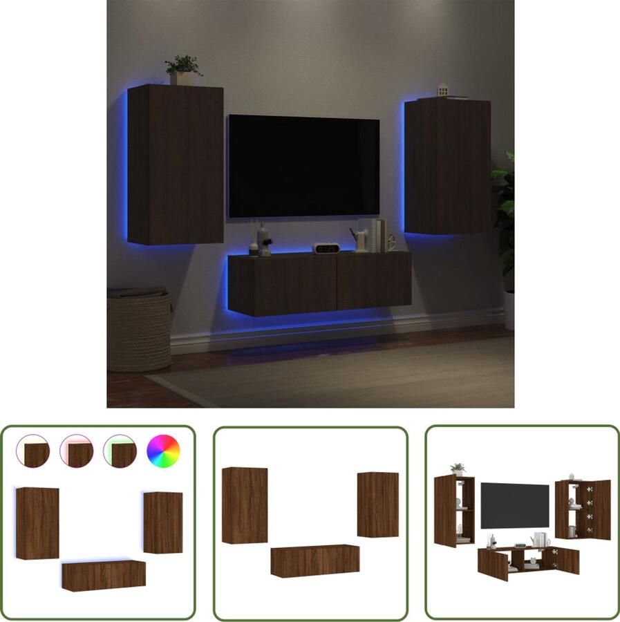The Living Store 3-delige tv-wandmeubelset met LED-verlichting bruin eikenkleur Tv Meubel Tv Kast Led Verlichting Houten Tv Stand Bruine Eiken