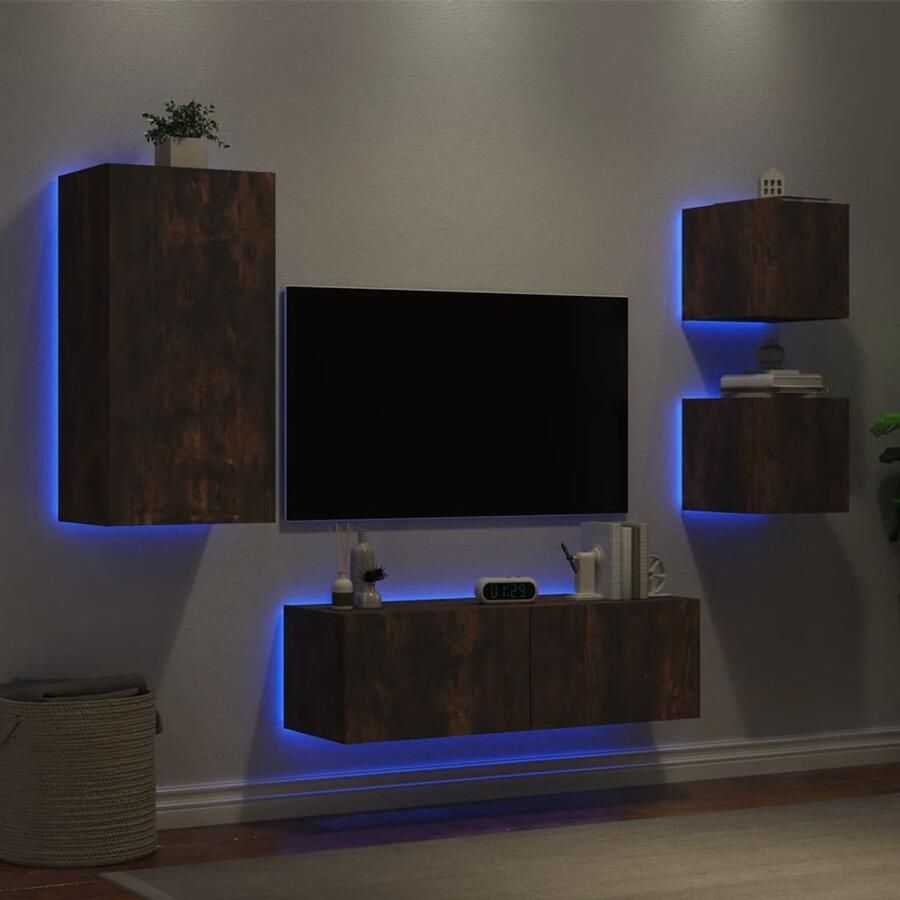 The Living Store 4-delige tv-wandmeubelset met LED-verlichting gerookt eiken Tv Meubel Tv Kast Led Verlichting Bruine Tv Stand Houten Tv Unit