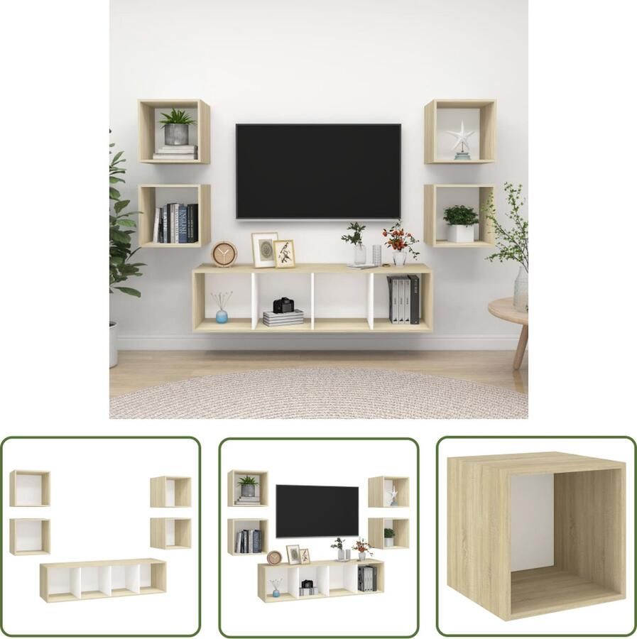 The Living Store Tv-meubelset Stereokasten 37x37x37cm 37x37x142.5cm Wit Sonoma eiken Spaanplaat Tv-meubel Tv-kast Salontafel Wandmontage Houten Tv-meubel