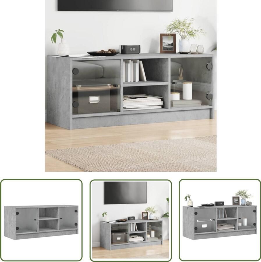 The Living Store Tv-meubel met glazen deuren 102x37x42 cm betongrijs Tv-meubel Tv Kast Beton Grijs Houten Tv-standaard Opbergkast - Foto 2