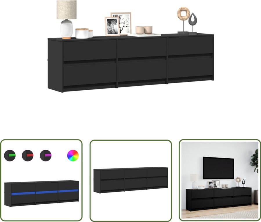 VidaXL Tv-meubel met LED 180x34x50 cm bewerkt hout zwart Tv-meubel Tv Kast Led Verlichting Houten Tv-meubel Media Kast