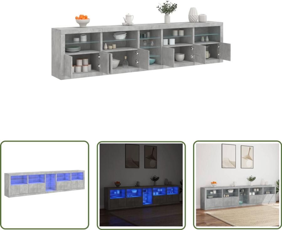 The Living Store Dressoir met LED-verlichting 283x37x67 cm betongrijs Modern Dressoir Led Verlichting Opberg Kast Tv Stand Salontafel