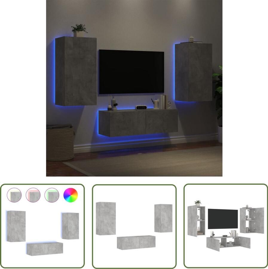 The Living Store 3-delige tv-wandmeubelset met LED-verlichting betongrijs Tv-wandmeubel Tv-wandmeubels Zwevend Tv-meubel Tv-wandmeubel