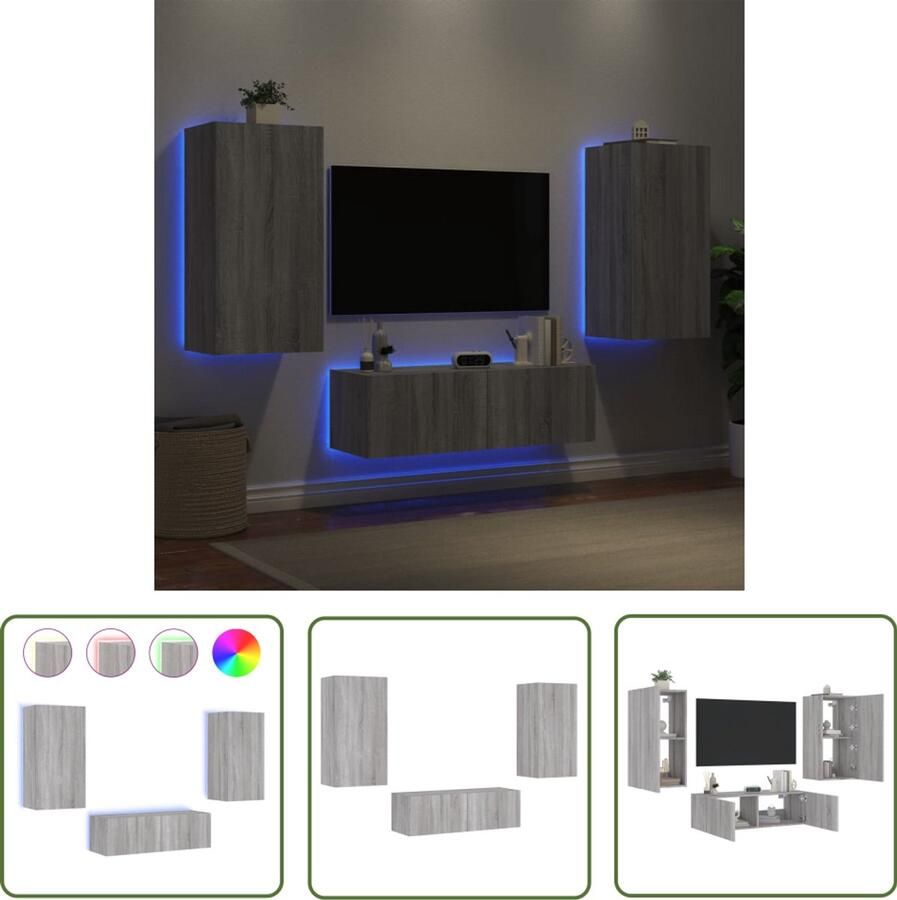 VidaXL Tv Meubel Tv Kast 3-delige tv-wandmeubelset met LED-verlichting grijs sonoma Wandkast Salontafel Livingroom Furniture