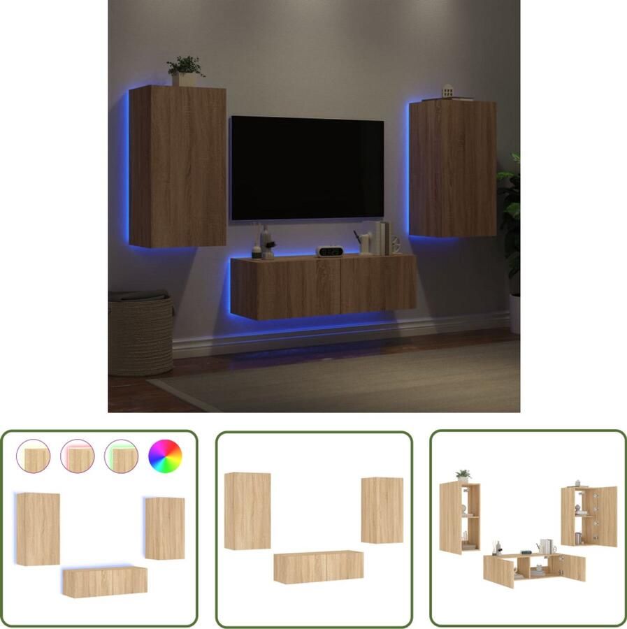 The Living Store 3-delige Tv-wandmeubelset met LED-verlichting sonoma eikenkleur Tv-wandmeubel Tv-wandmeubels Zwevend Tv-meubel Tv-wandmeubel