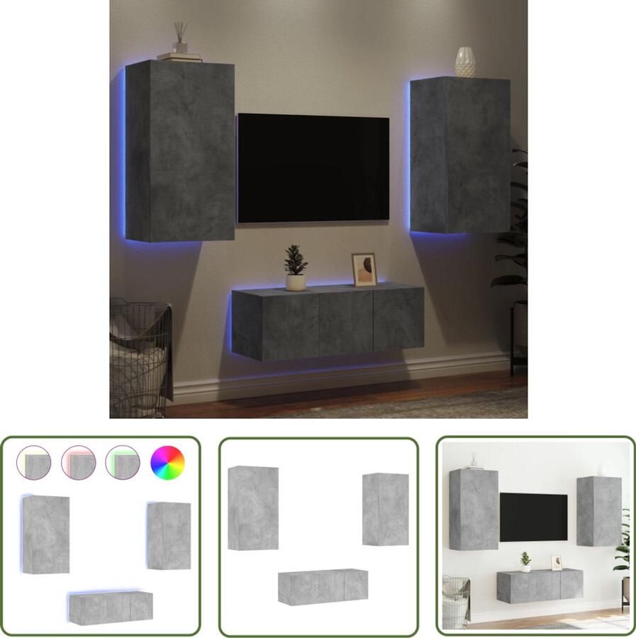 The Living Store 4-delige Tv-wandmeubelset met LED bewerkt hout betongrijs Tv-kast Tv-meubel Wandmeubel Led Verlichting Beton Grijs - Foto 2