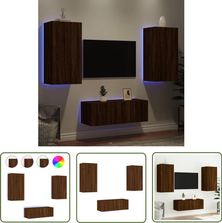 The Living Store 4-delige Tv-wandmeubelset met LED bewerkt hout bruineikenkleur Tv-wandmeubel Tv-wandmeubels Tv-meubel Televisiemeubel
