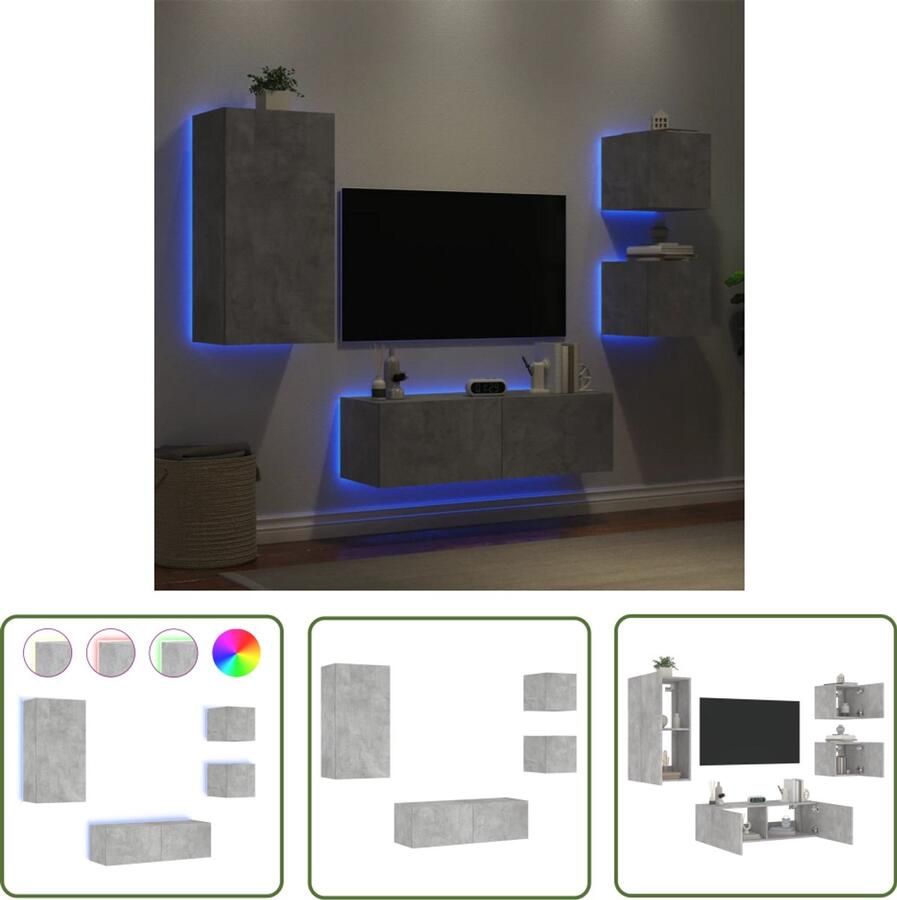 VidaXL Tv-meubel Tv-kast 4-delige tv-wandmeubelset met LED-verlichting betongrijs Salontafel Livingroom Furniture Houten Kast