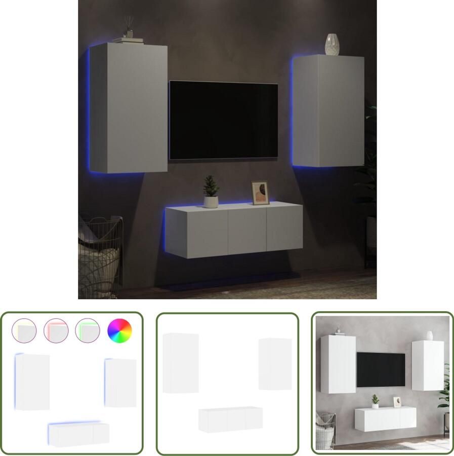 The Living Store 4-delige Tv-wandmeubelset met LED-verlichting bewerkt hout wit Tv-kast Tv-meubel Wandmontage Led Verlichting Houten Tv Kast