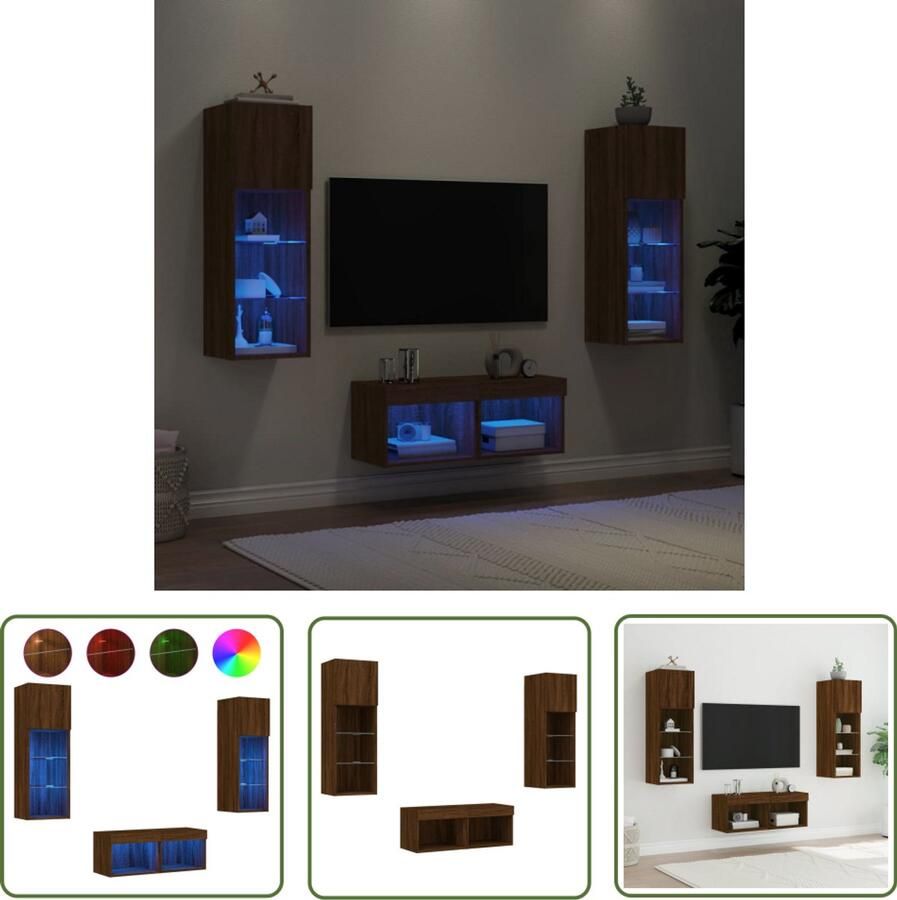 VidaXL Tv-meubel Tv-kast 4-delige tv-wandmeubelset met LED-verlichting bruin eikenkleur Wandmeubel Houten Kast Bruine Eiken