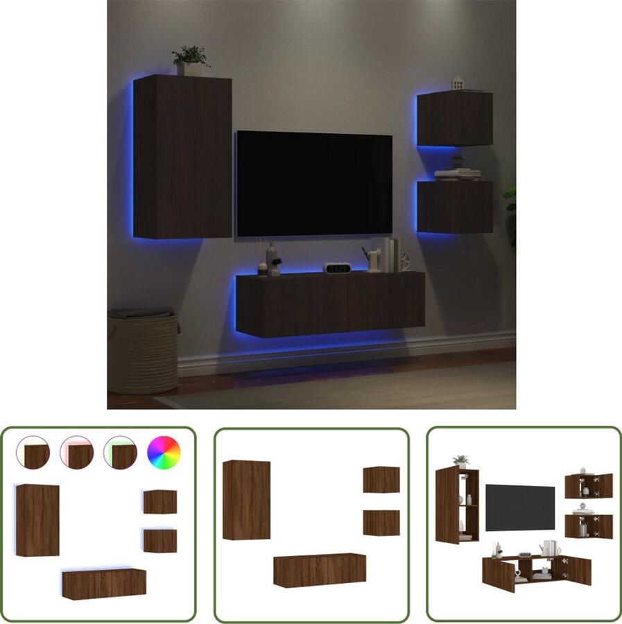 The Living Store 4-delige tv-wandmeubelset met LED-verlichting bruin eikenkleur Tv-wandmeubel Tv-wandmeubels Zwevend Tv-meubel Tv-wandmeubel