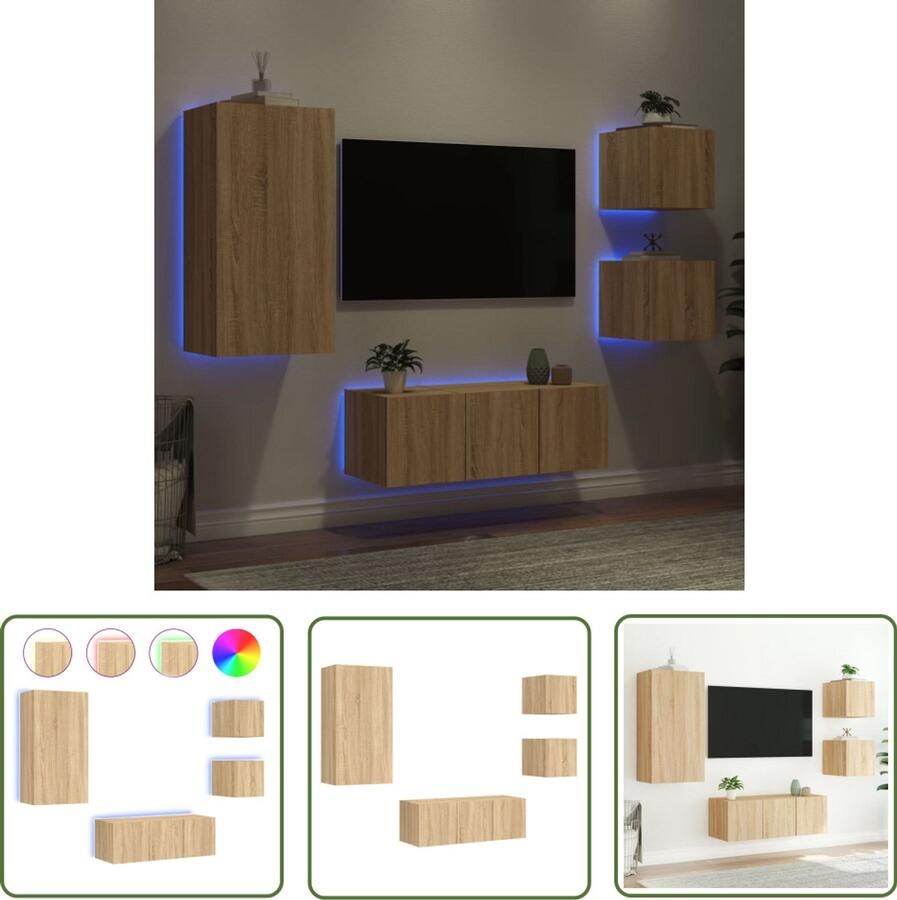 The Living Store 5-delige Tv-wandmeubelset met LED bewerkt hout sonoma eiken Tv-kast Tv-meubel Wandmontage Led Verlichting Rgb Licht