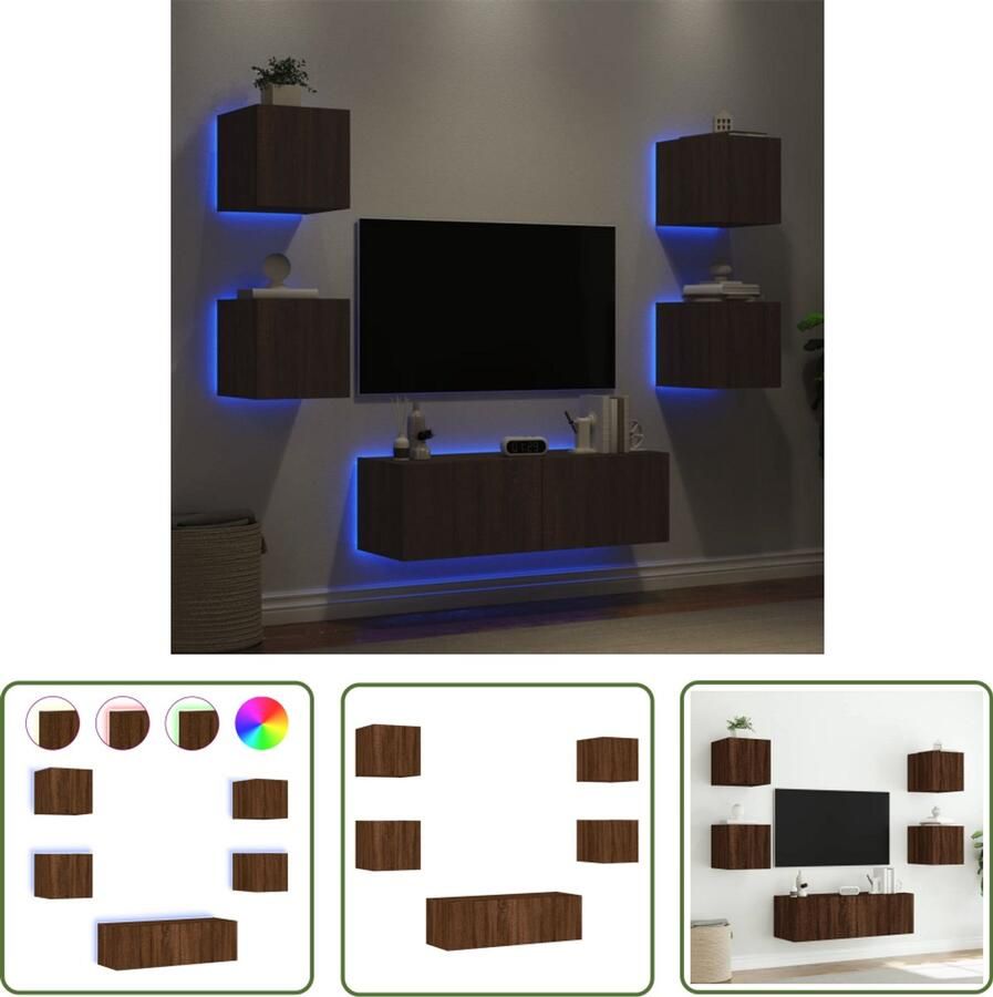 VidaXL Tv-meubel Tv-kast 5-delige tv-wandmeubelset met LED-verlichting bruin eikenkleur Salontafel Houten Kast Bruine Eiken