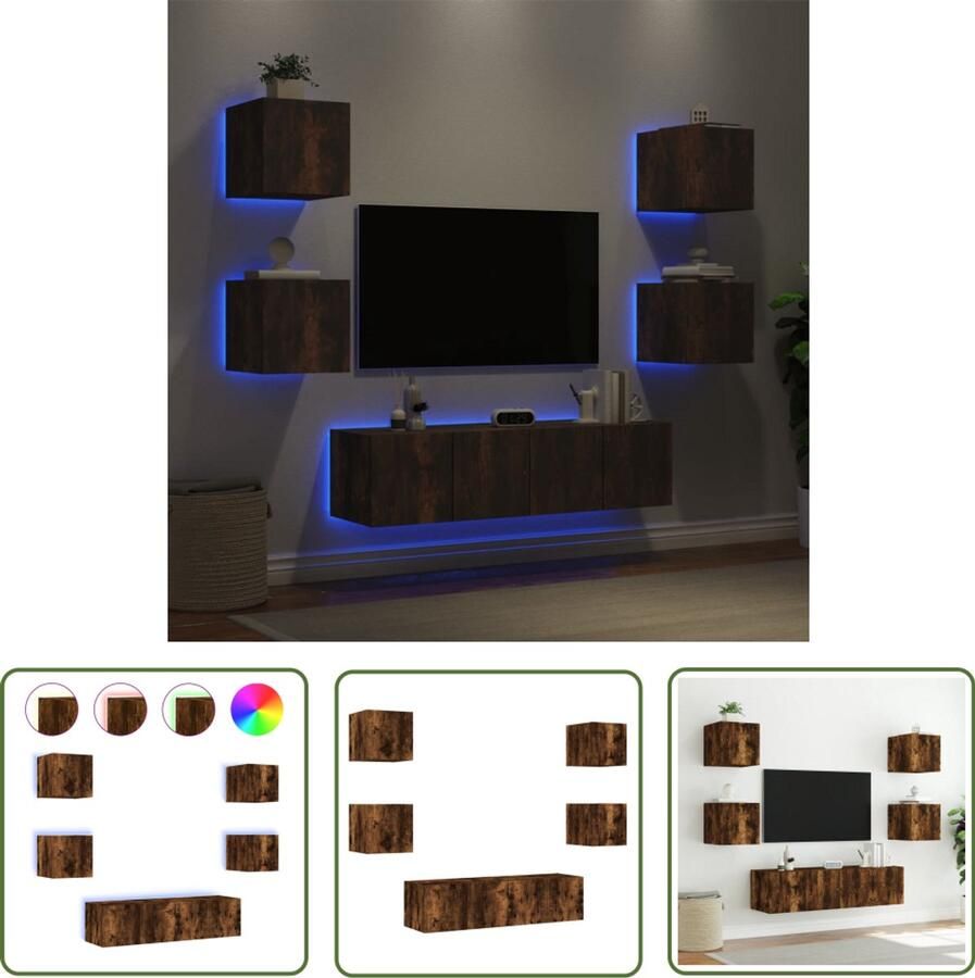 The Living Store 6-delige tv-wandmeubelset met LED bewerkt hout gerookt eiken Tv-kast Tv-meubel Wandmontage Bewerkt Hout Gerookt Eiken