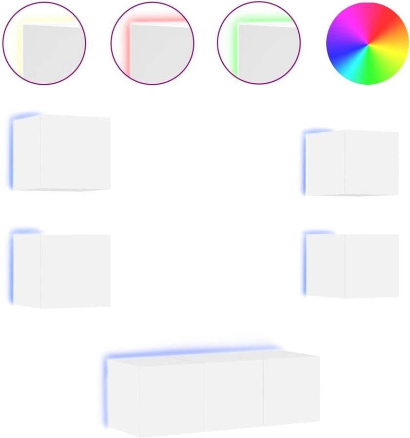 The Living Store 6-delige Tv-wandmeubelset met LED-verlichting bewerkt hout wit Tv-kast Tv-meubel Wandmontage Led Verlichting Houten Kast - Foto 2