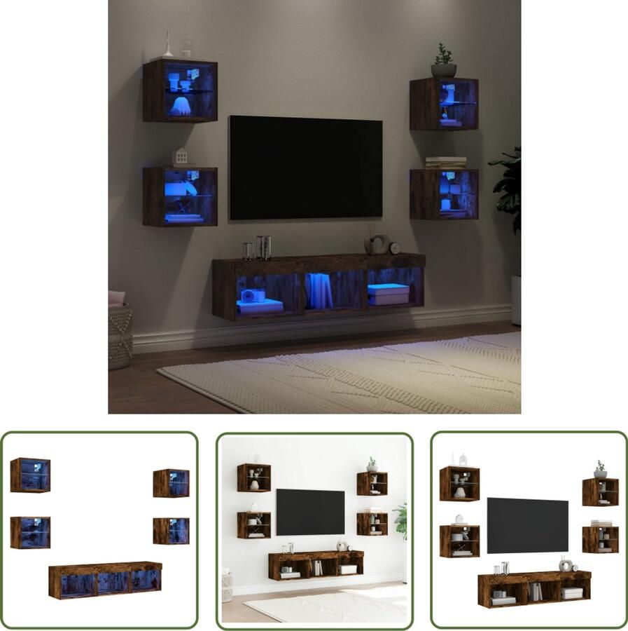 The Living Store 7-delige tv-wandmeubelset met LED bewerkt hout gerookt eiken TV-kast Tv-meubel Wandmontage Led Verlichting Bruine Kast