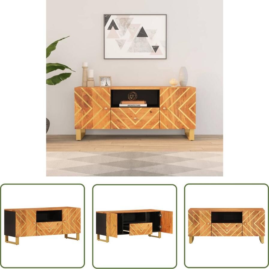 The Living Store TV-meubel Mangohout Opbergruimte Presenteerfunctie Stevige poten Bruin en zwart 105 x 33.5 x 46 cm Tv Kast Tv Meubel Mangohout Tv Kast Houten Tv Kast Salontafel