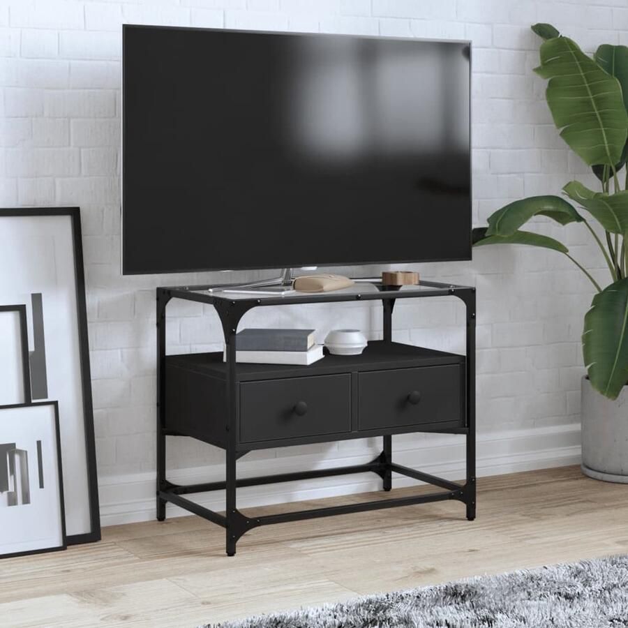 The Living Store Tv-meubel met glazen blad 60x35x51 cm bewerkt hout zwart Tv Kast Tv Meubel Houten Tv Kast Industrieel Tv Meubel Zwarte Tv Kast