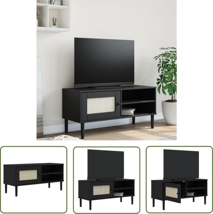 The Living Store SENJA tv-kast 106 x 40 x 49 cm Massief grenenhout UV-vernis Rattan uitstraling Zwart Tv-kast Tv Meubel Salontafel Livingroom Furniture Wooden Tv Stand