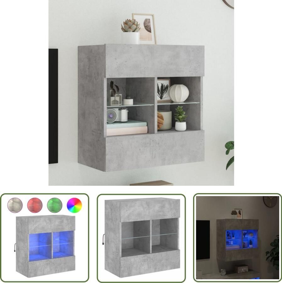 The Living Store Tv-wandmeubel met LED-verlichting 58 5x30x60 5 cm betongrijs Tv-standaard Tv-meubel Wandmontage Led Verlichting Rgb Verlichting