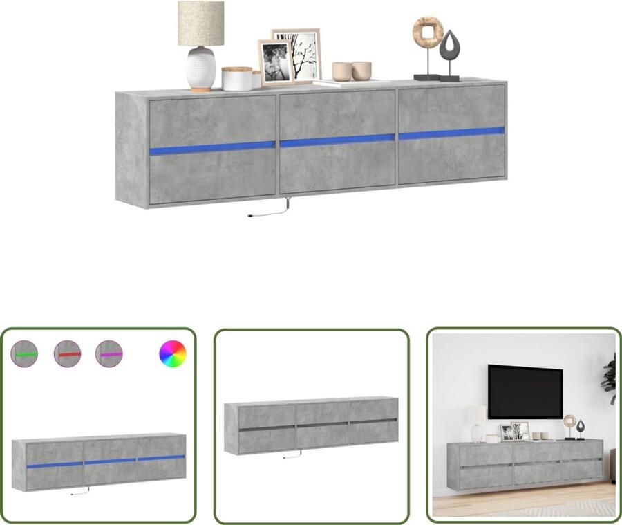 VidaXL Tv-meubel Tv-tafel Tv-wandmeubel met LED-verlichting 180x31x45 cm betongrijs Wandmontage Led Verlichting Betonnen Grijs