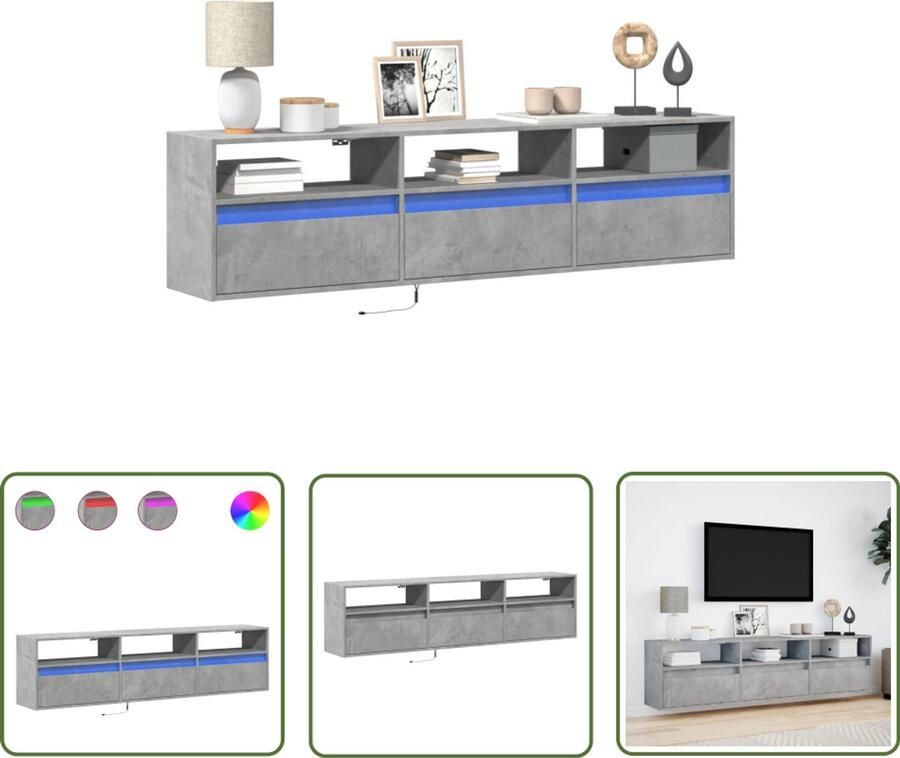 VidaXL Tv-meubel Tv-tafel Tv-wandmeubel met LED-verlichting 180x31x45 cm betongrijs Woonkamerdecoratie Led-verlichting Opbergruimte