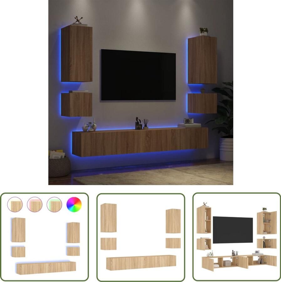 The Living Store 6-delige Tv-wandmeubelset met LED-verlichting sonoma eikenkleur Tv-wandmeubel Tv-wandmeubels Zwevend Tv-meubel Tv-wandmeubel