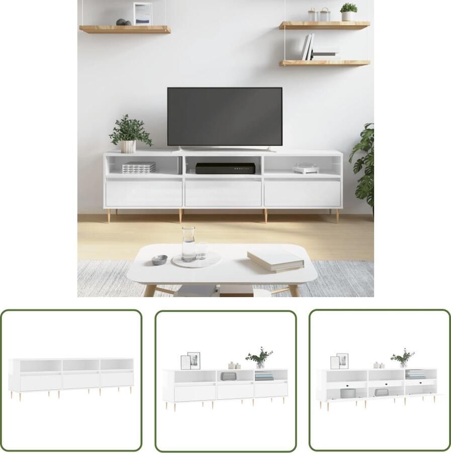 The Living Store Tv-meubel 150x30x44 5 cm bewerkt hout hoogglans wit Tv Kast Tv Meubels Hifi Kast Houten Tv Stand Witte Tv Kast - Foto 2
