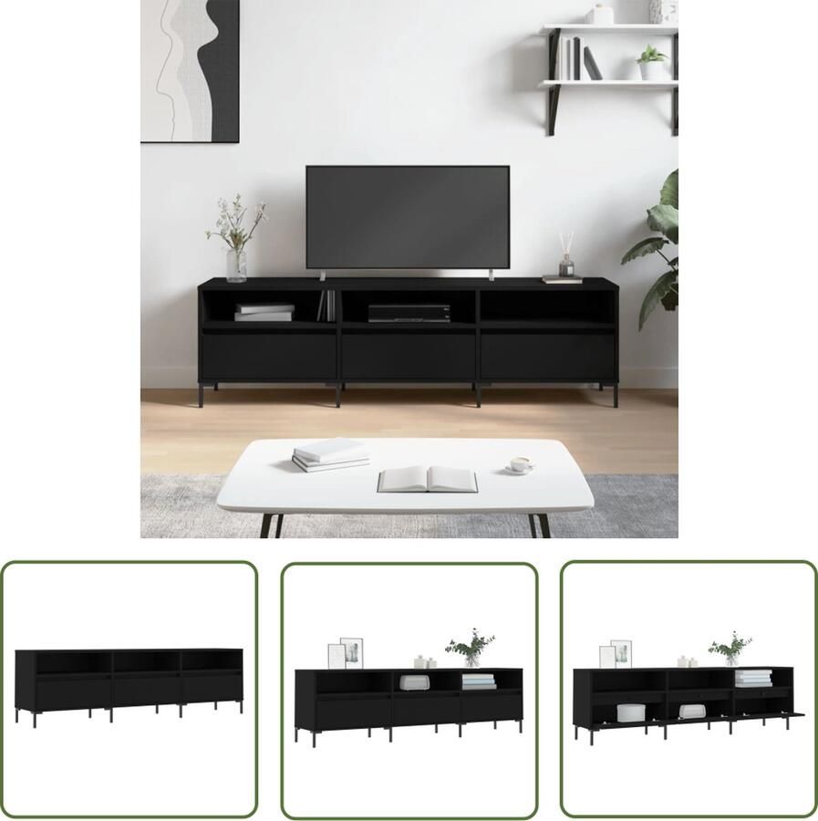 The Living Store TV-meubel Zwart Bewerkt hout 150 x 30 x 44.5 cm Opbergruimte en stabiel tafelblad Tv Kast Tv Meubels Houten Tv Stand Black Tv Cabinet Tv Unit - Foto 2