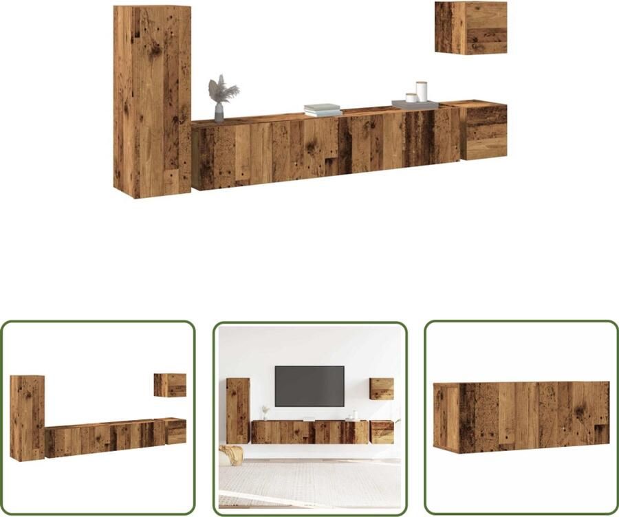 VidaXL TV-meubelset Tv-meubel 5-delig Tv-meubelset wandmontage bewerkt hout oud houtkleurig Salontafel Houten TV-stand Mediacaft