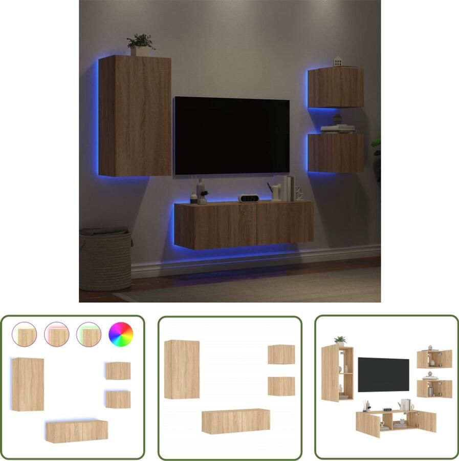 The Living Store 4-delige Tv-wandmeubelset met LED-verlichting sonoma eikenkleur Tv-wandmeubel Tv-opstelling Led-verlichting Sonoma Eiken Houten Tv-meubel
