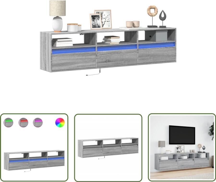 VidaXL Tv-standaard Tv-meubel Tv-wandmeubel met LED-verlichting 180x31x45 cm grijs sonoma Salontafel Houten Tv-meubel Led-verlichting