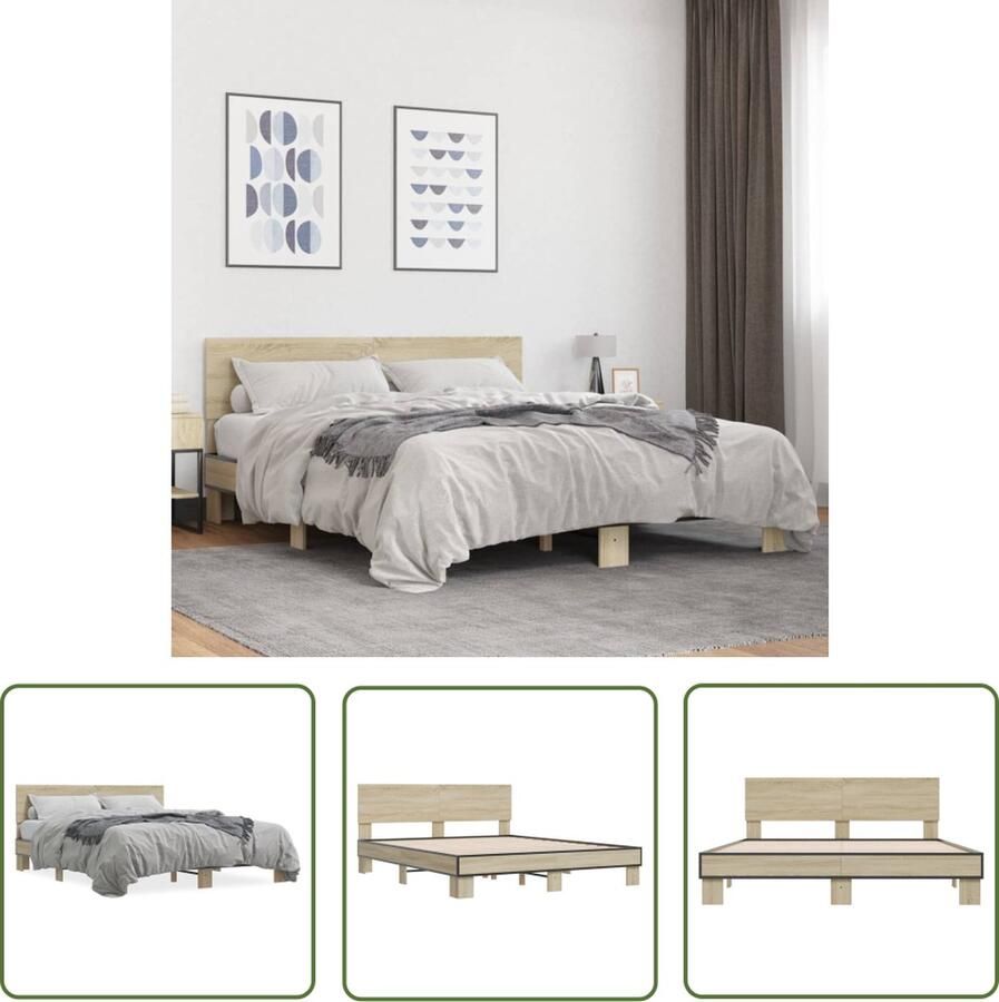 The Living Store Bedframe Multiplex Lattenbodem 204.5 x 153 x 81 cm Sonoma Eiken Duurzaam houten frame comfortabele ondersteuning Bedframe Tweepersoons Bed Houten Bed Sonoma Eiken Multipex Lattenbodem
