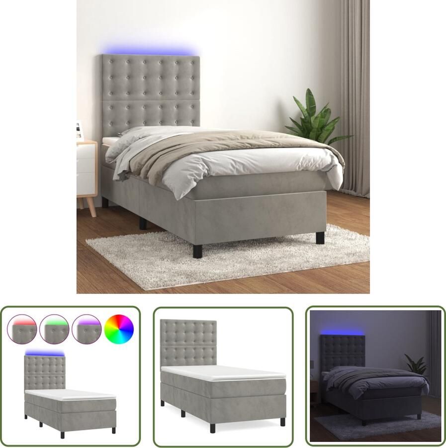 The Living Store Boxspring Bed lichtgrijs fluweel 203x90x118 128 cm verstelbaar hoofdbord kleurrijke LED-verlichting pocketvering matras huidvriendelijk topmatras inclusief montagehandleiding