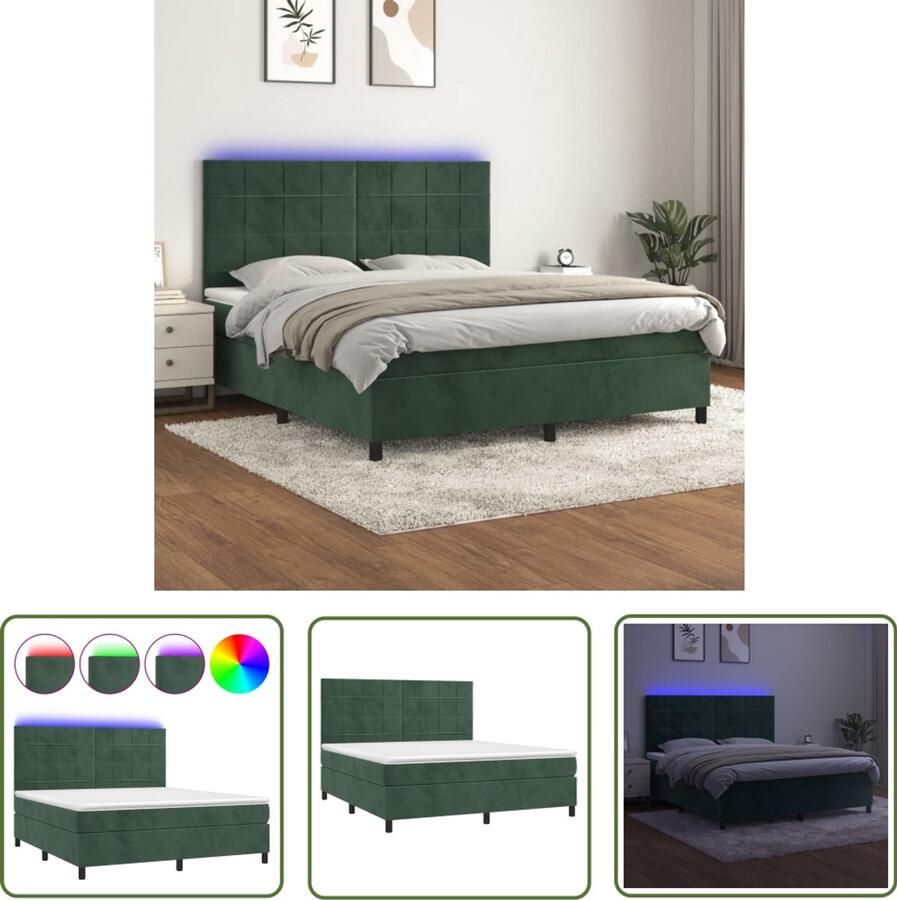 The Living Store Boxspring met matras en LED fluweel donkergroen 160x200 cm Boxspring Tweepersoons Bed Donkere Kleuren Fluweel Bed Elektrisch Hoofdbord