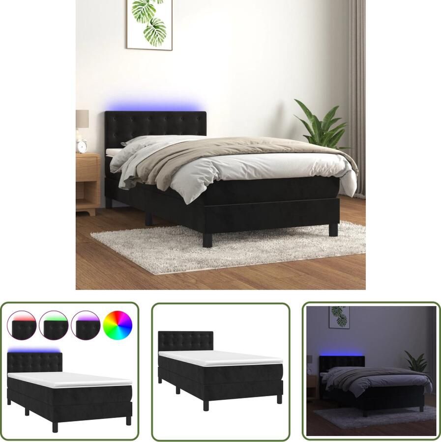 The Living Store Boxspring Zwart fluwelen bed met verstelbaar hoofdbord en kleurrijke LED-verlichting Pocketvering matras Huidvriendelijk topmatras Boxspring Tweepersoons Bed Zwarte Boxspring Velvet Bed Led Lampen