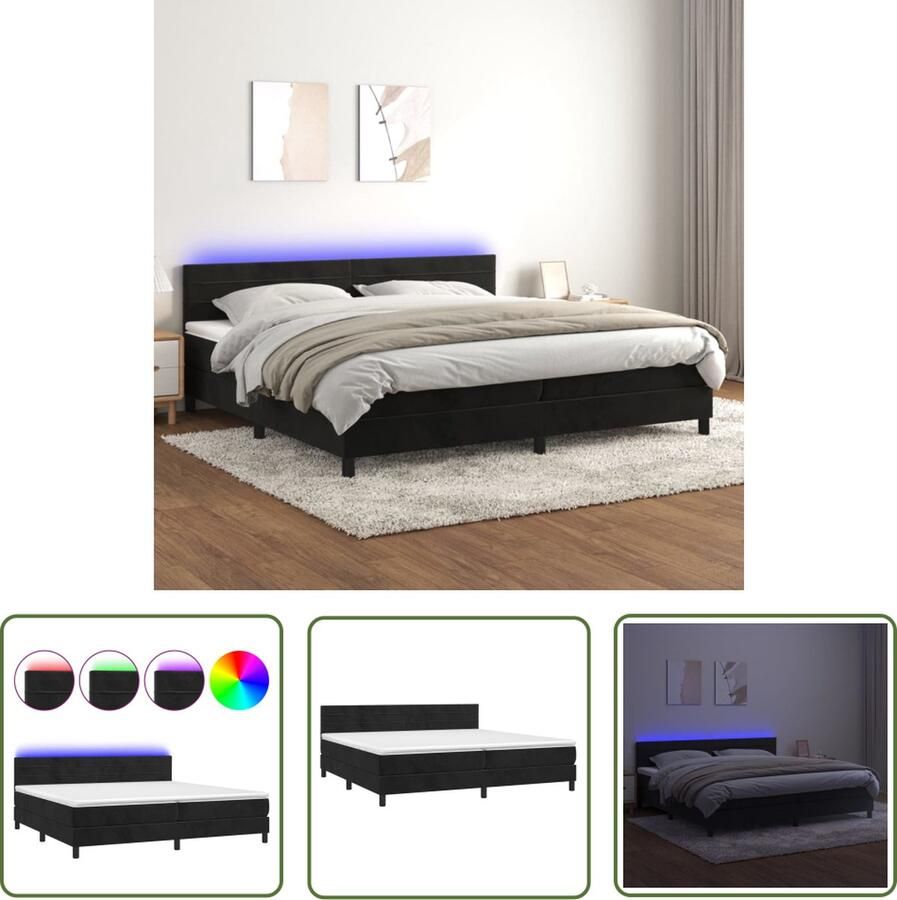 The Living Store Boxspring Zwart fluweel 203 x 200 cm Hoofdbord verstelbaar LED-verlichting Pocketvering matras Huidvriendelijk topmatras Montagehandleiding inbegrepen USB-aansluiting