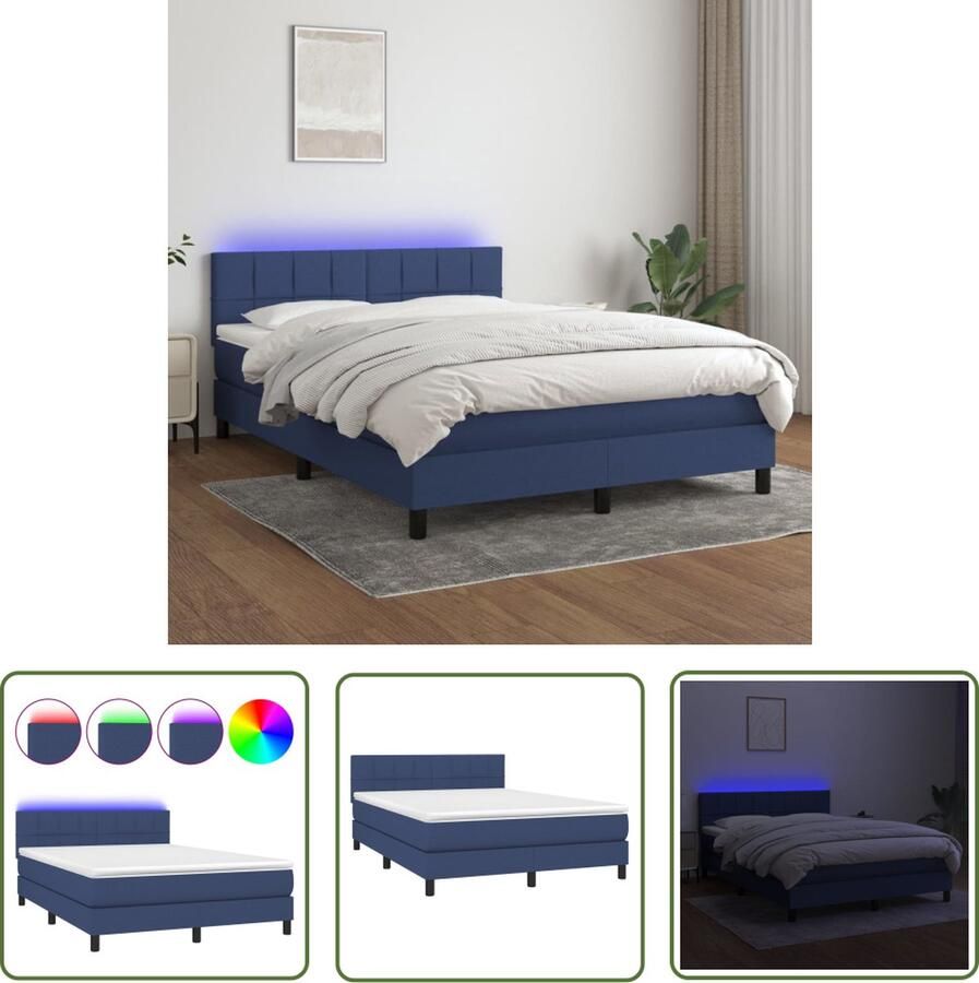 The Living Store Boxspring Bed 2-persoons Blauw 193x144x78 88 cm Met verstelbaar hoofdbord en kleurrijke LED-verlichting Boxspring Tweepersoons Bed Blauw Bed Led Bed Boxspring Frame