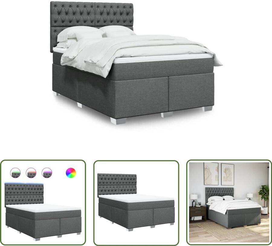 The Living Store Boxspring met matras stof donkergrijs 160x200 cm Boxspring Tweepersoons Bed Lederlook Bed Led Verlichting Bed Elektrisch Verstelbaar Bed