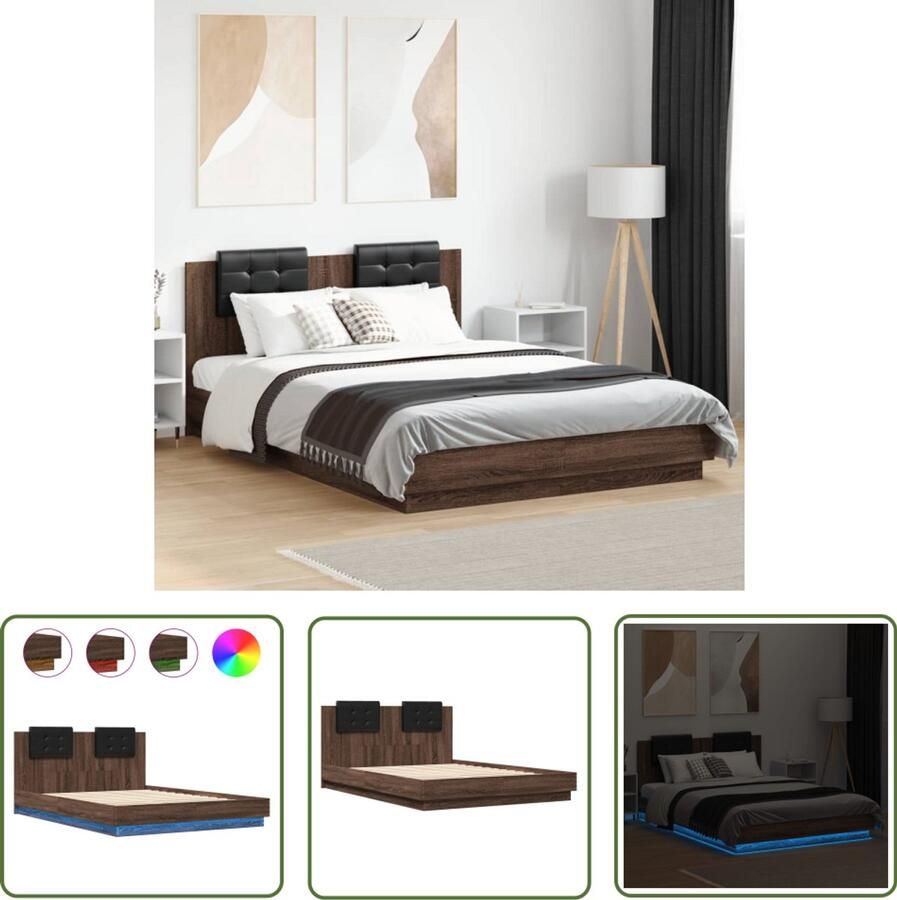 VidaXL Bedframe met hoofdbord en LED bruin eikenkleurig 150x200 cm Bruin Houten Bed Tweepersoons Bed Boxspring Bed Led Bed Modern Bed