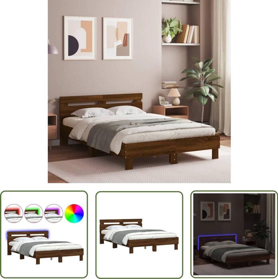 VidaXL Bedframe met hoofdeinde en LED bruin eikenkleur 120x200 cm Bruin Houten Bed Tweepersoons Bed Led Bed Frame Modern Bed Met Hoofdeinde