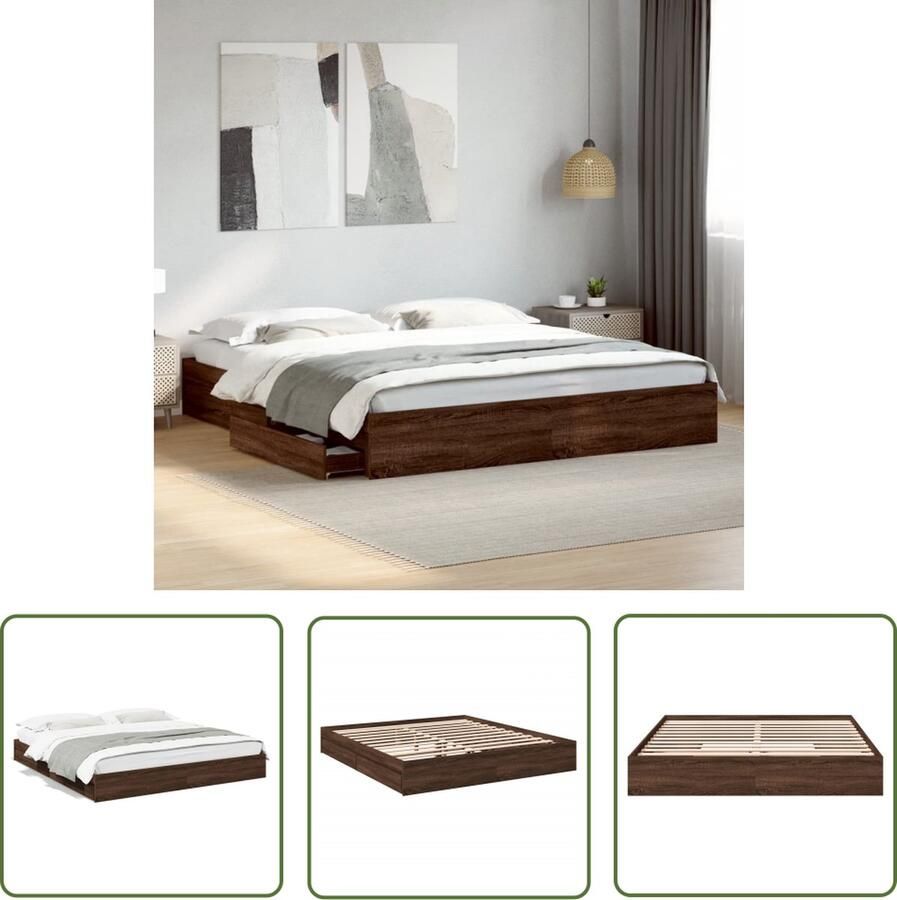 The Living Store Bedframe met lades bewerkt hout bruin eikenkleurig 200x200 cm Bed Frame Tweepersoons Bed Houten Bed Met Lade Slaapkamersdecoratie